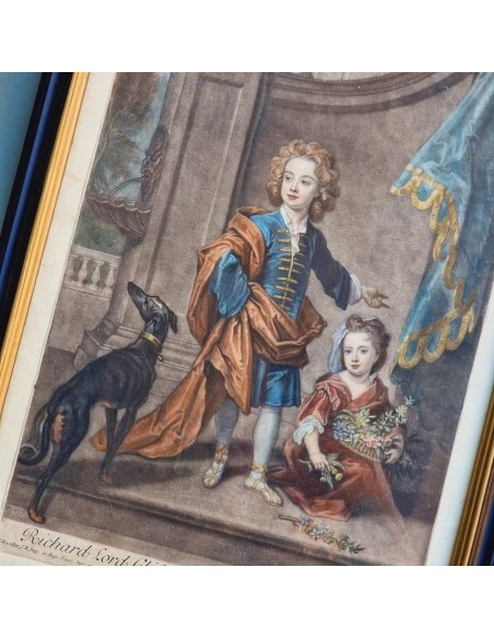 COPPIA RITRATTI BAMBINI CON CERBIATTO E LEVRIERO