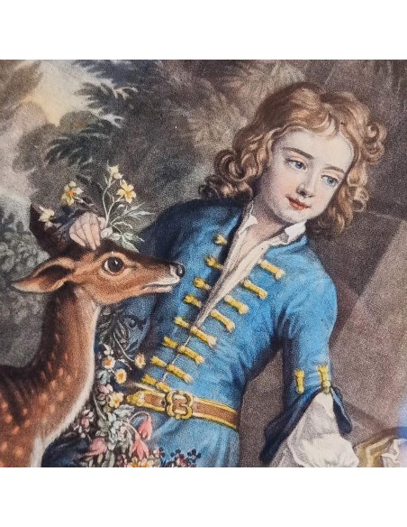 COPPIA RITRATTI BAMBINI CON CERBIATTO E LEVRIERO
