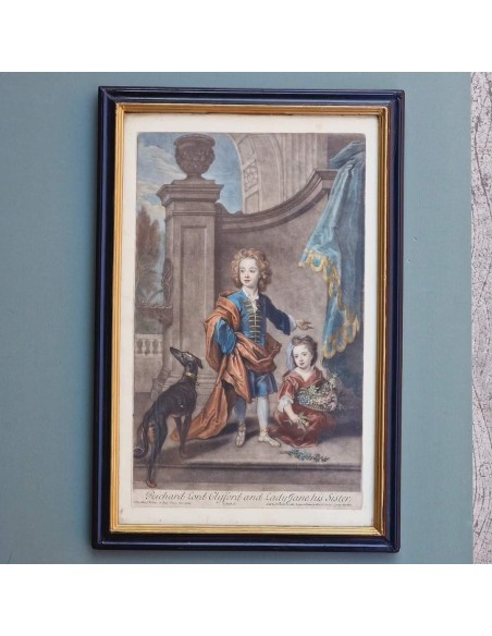 COPPIA RITRATTI BAMBINI CON CERBIATTO E LEVRIERO